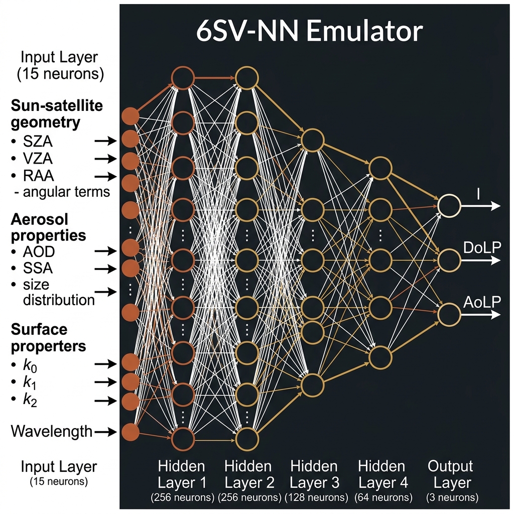 6SV-NN Emulator Architecture: 15-256-256-128-64-3 multilayer perceptron for emulating radiative transfer