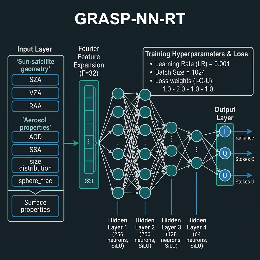 GRASP-NN-RT Architecture: Fourier(32)→256→256→128→64→3 MLP with SiLU activation outputting I, Q, U Stokes parameters